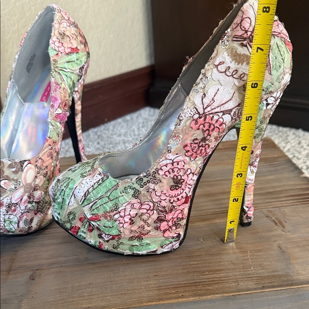 Bordello Floral Platform Stilettos in Pink & Green - Picture 8 of 10